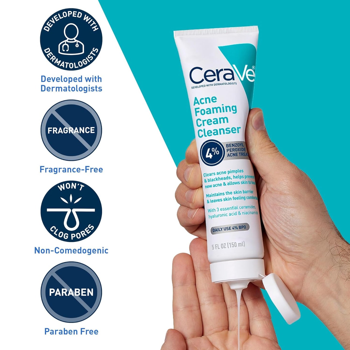 CeraVe Acne Foaming Cream Cleanser – 4% Benzoyl Peroxide (120ml) | Dermatologist-Developed Acne Treatment