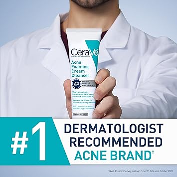 CeraVe Acne Foaming Cream Cleanser – 4% Benzoyl Peroxide (120ml) | Dermatologist-Developed Acne Treatment