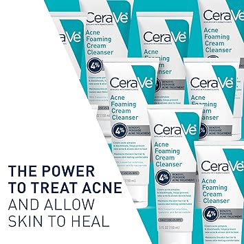 CeraVe Acne Foaming Cream Cleanser – 4% Benzoyl Peroxide (120ml) | Dermatologist-Developed Acne Treatment