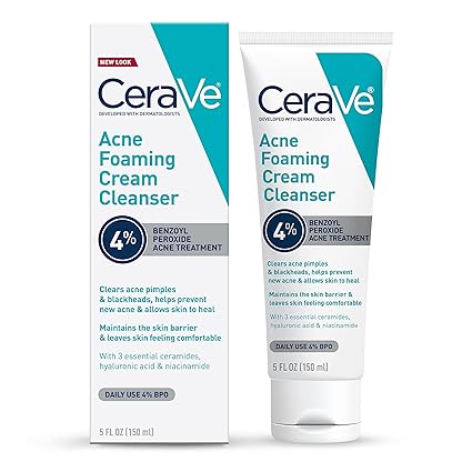 CeraVe Acne Foaming Cream Cleanser – 4% Benzoyl Peroxide (120ml) | Dermatologist-Developed Acne Treatment